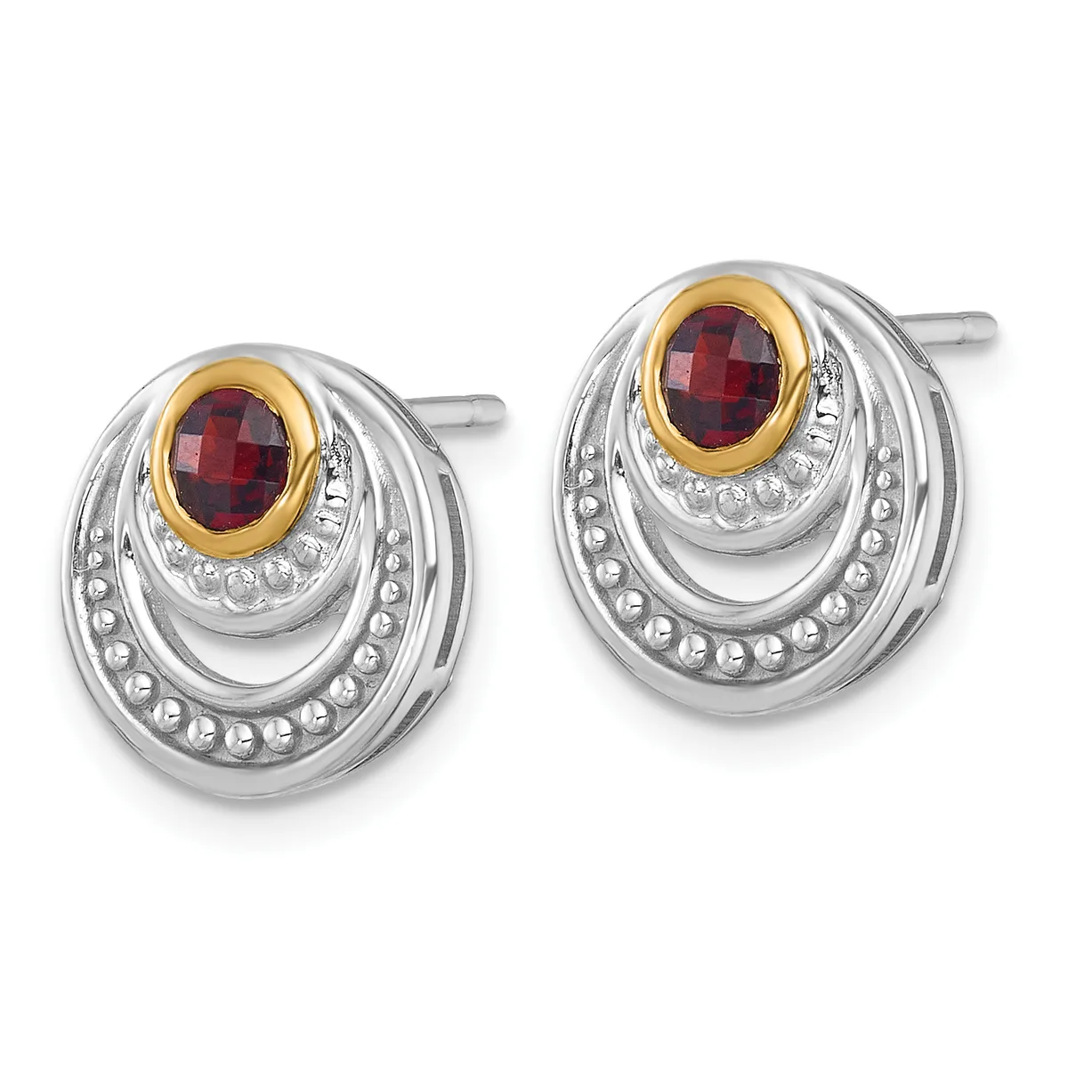 A pair of silver stud earrings with gold-bezel oval red gemstones centered above concentric oval frames studded with small crystals.