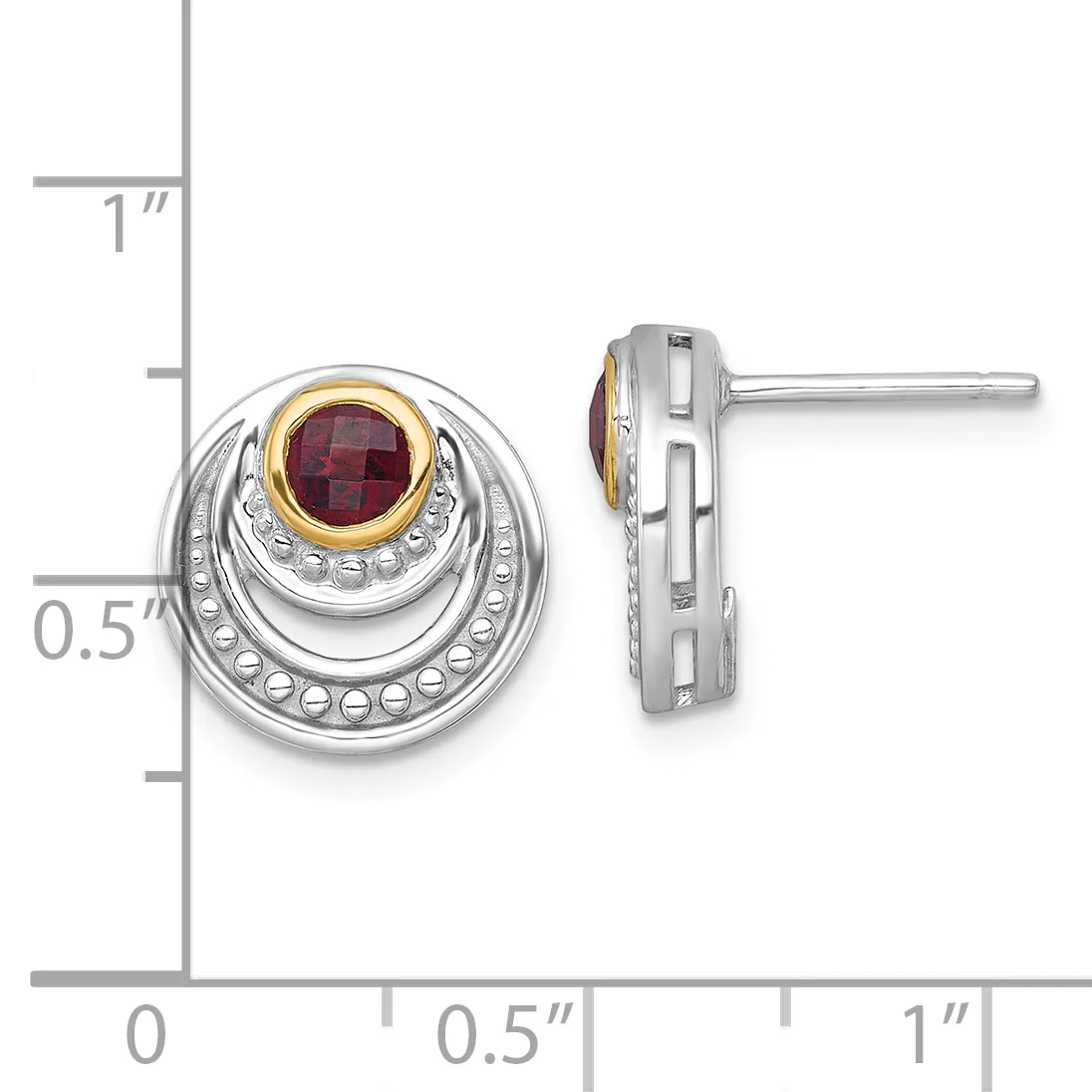 Silver stud earrings with concentric circular design, gold-bezel ruby center stone, and beaded texture, shown front and side view with measurement scale.