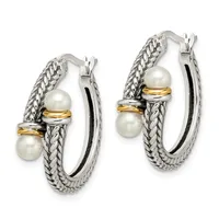 Pair of silver hoop earrings with twisted rope texture, gold-tone accents, and white pearl drops, shown from front and back angles.