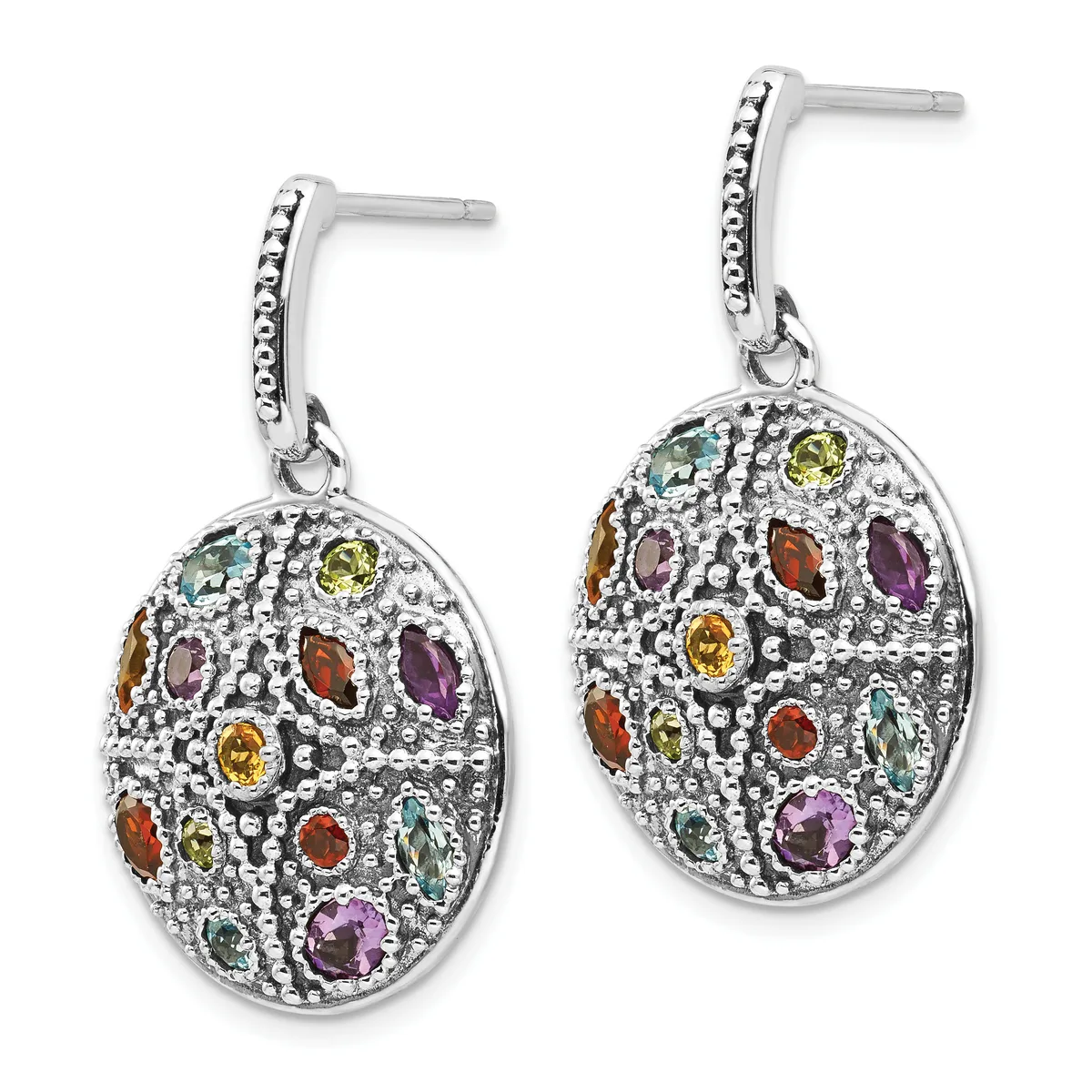 Pair of silver oval dangle earrings with textured surfaces set with multiple oval-cut gemstones in various colors including purple, red, yellow, and green.