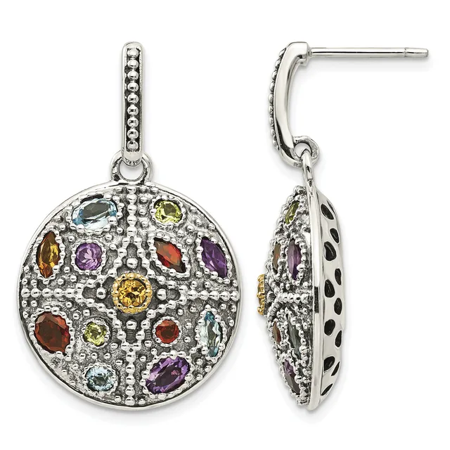 A pair of silver drop earrings with round pendants featuring multicolored gemstones arranged in a circular pattern on a textured background, shown from front and back views.