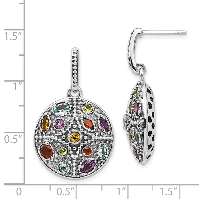 Sterling silver circular pendant earrings with multicolored gemstones and beaded detailing, shown front and back view with measurement scale.