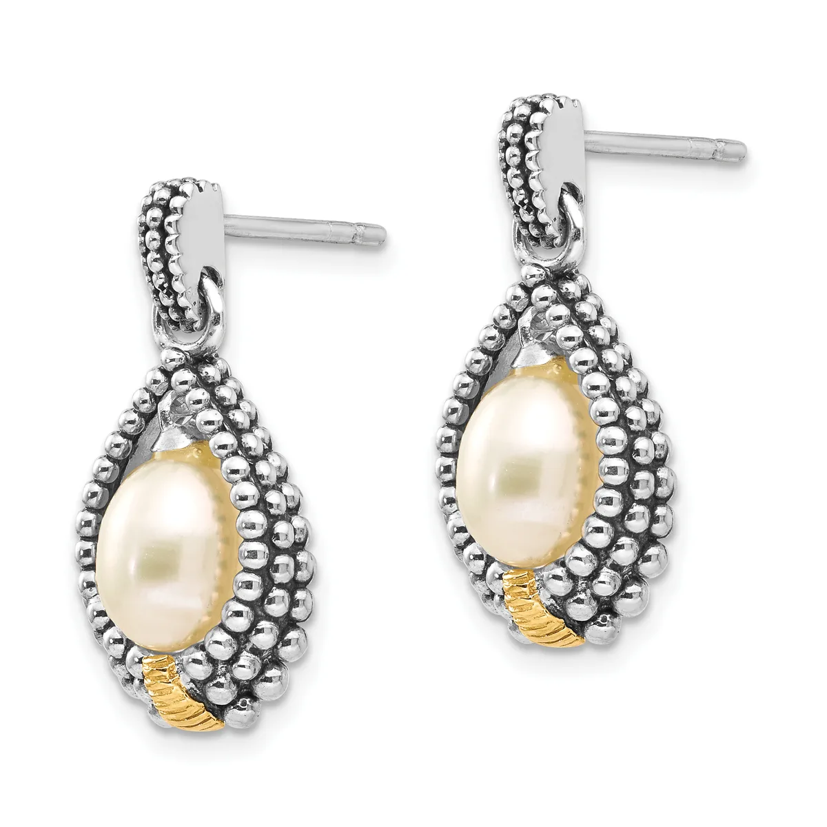 Pair of silver teardrop earrings with beaded borders, cream pearls, and gold-tone accents, shown from the front.