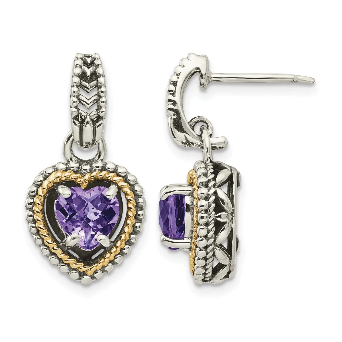 Pair of silver drop earrings with gold-tone beaded heart-shaped frames holding faceted purple amethyst stones, shown from front and side views.