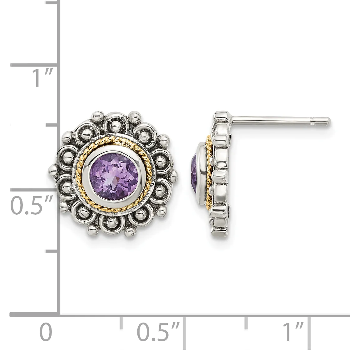 Pair of silver and gold-tone stud earrings with round purple amethyst centers surrounded by a halo of small beaded spheres, displayed next to a measurement ruler.