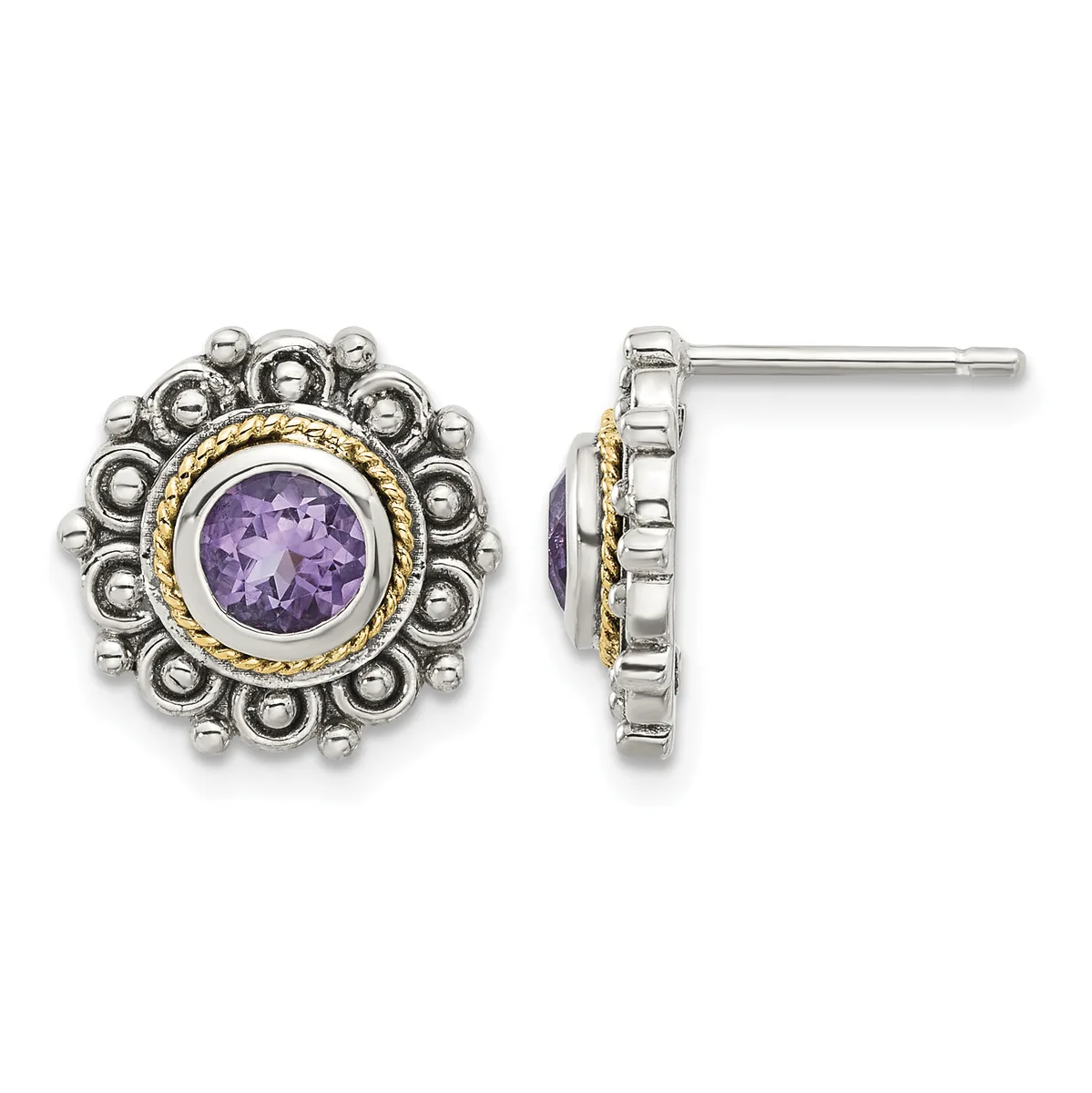 Pair of silver stud earrings with ornate circular bezels featuring purple amethyst centers surrounded by beaded borders and gold-tone accents.