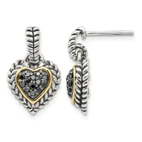 Pair of heart-shaped drop earrings with textured silver outer frames, gold-tone inner bezels, and black stone pave centers, shown from front and side views.