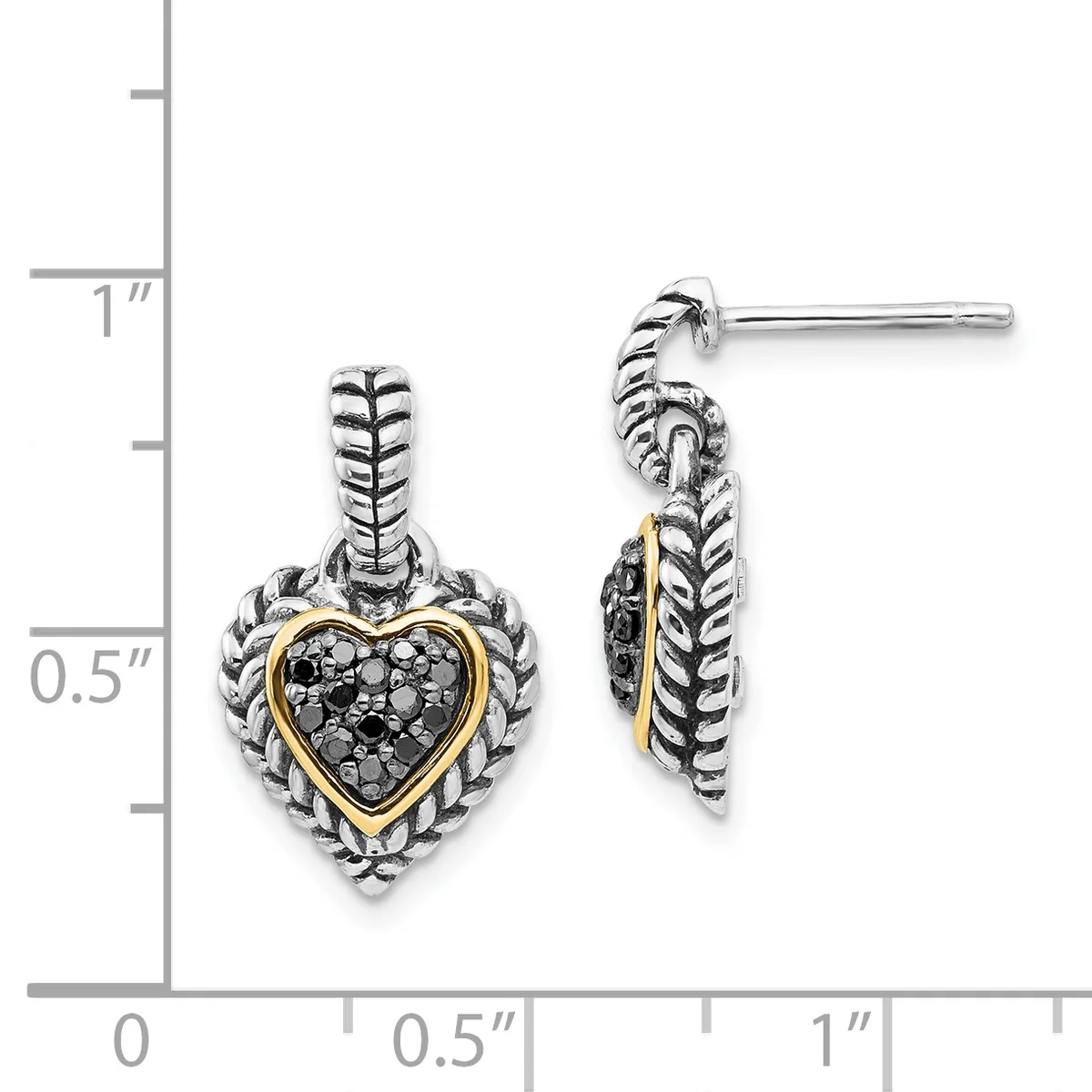 Two-tone heart dangle earrings with textured silver rope borders, gold-tone inner frames, and black stone pave centers on posts, shown with a measurement scale.