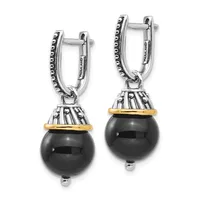 Pair of silver hinged earrings with decorative beaded rims, gold-tone bands, and black onyx spheres suspended below.