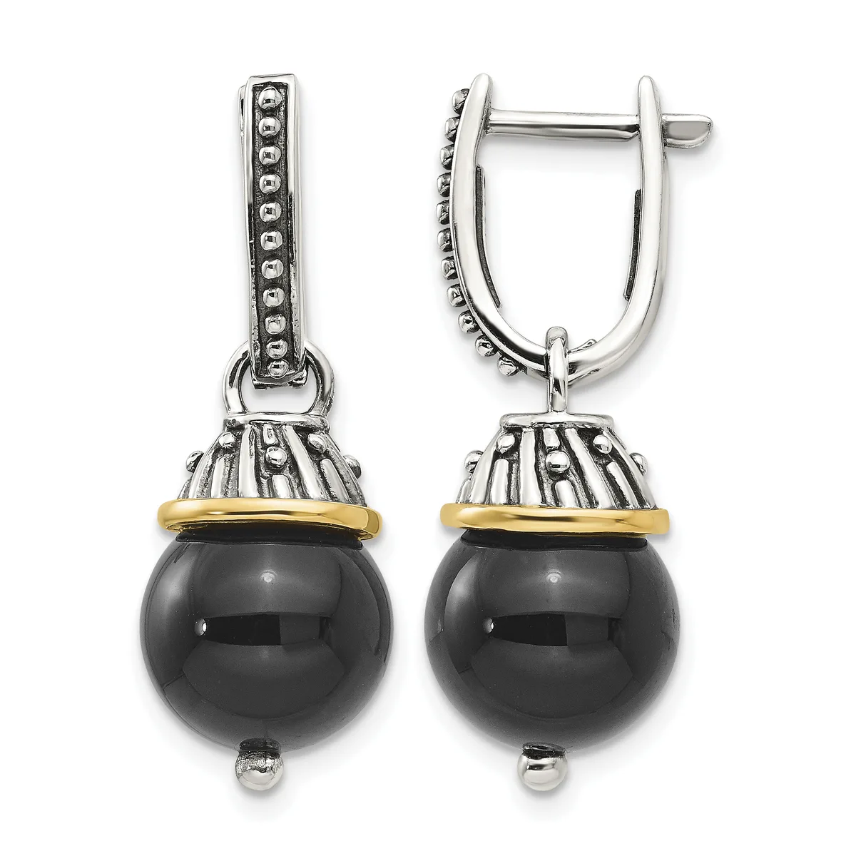 Pair of silver and gold-tone drop earrings with polished black onyx spheres suspended from decorative caps and rectangular hinged posts.