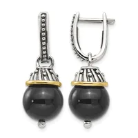 Pair of silver and gold-tone drop earrings with polished black onyx spheres suspended from decorative caps and rectangular hinged posts.