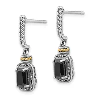 Pair of silver dangle earrings with twisted rope posts, gold-toned spacer rings, and black onyx rectangular stones in ornate settings.