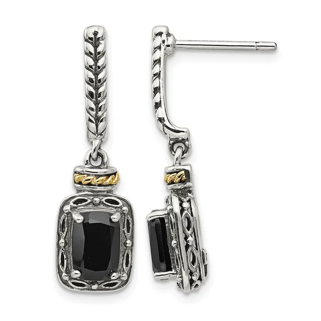 Pair of silver drop earrings with twisted rope detailing, gold accent bands, and black onyx cushion-cut stone pendants, shown front and side view.