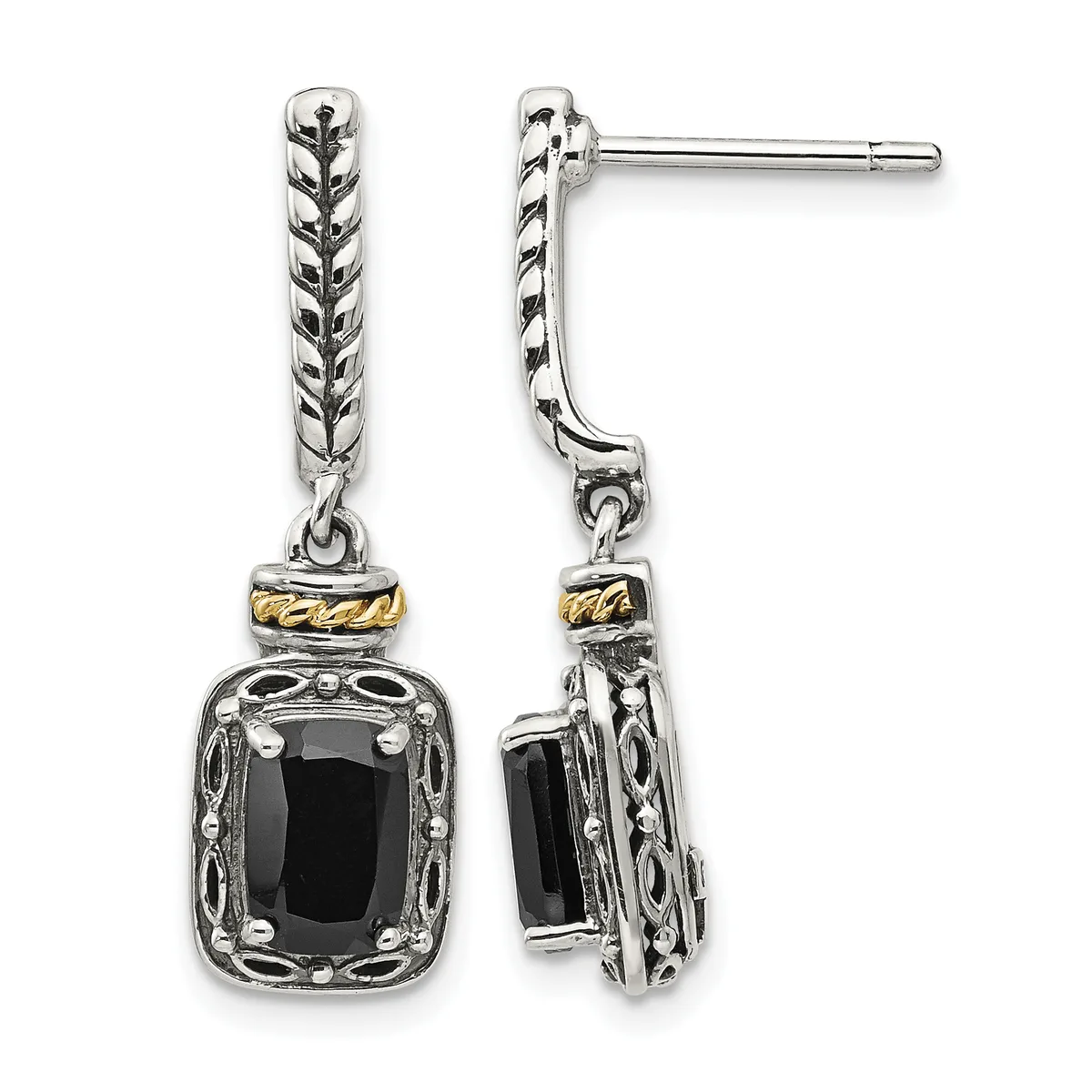 Pair of silver drop earrings with twisted rope detailing, gold accent bands, and black onyx cushion-cut stone pendants, shown front and side view.