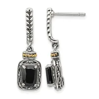 Pair of silver drop earrings with twisted rope detailing, gold accent bands, and black onyx cushion-cut stone pendants, shown front and side view.