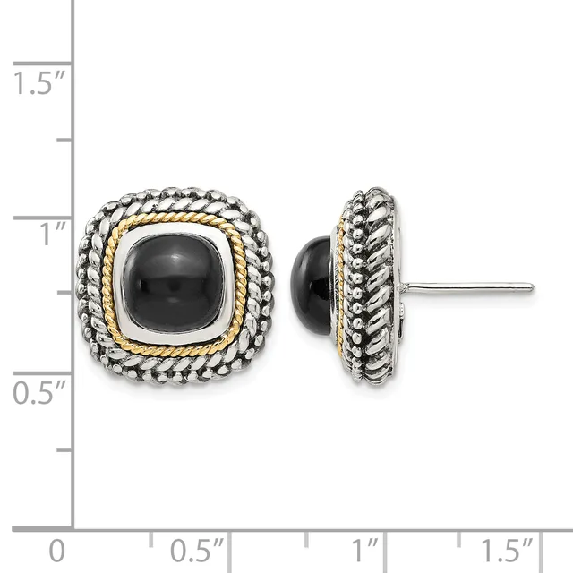 Pair of square stud earrings with black onyx centers surrounded by twisted rope and beaded silver and gold-tone frames, shown front and side view with measurement scale.