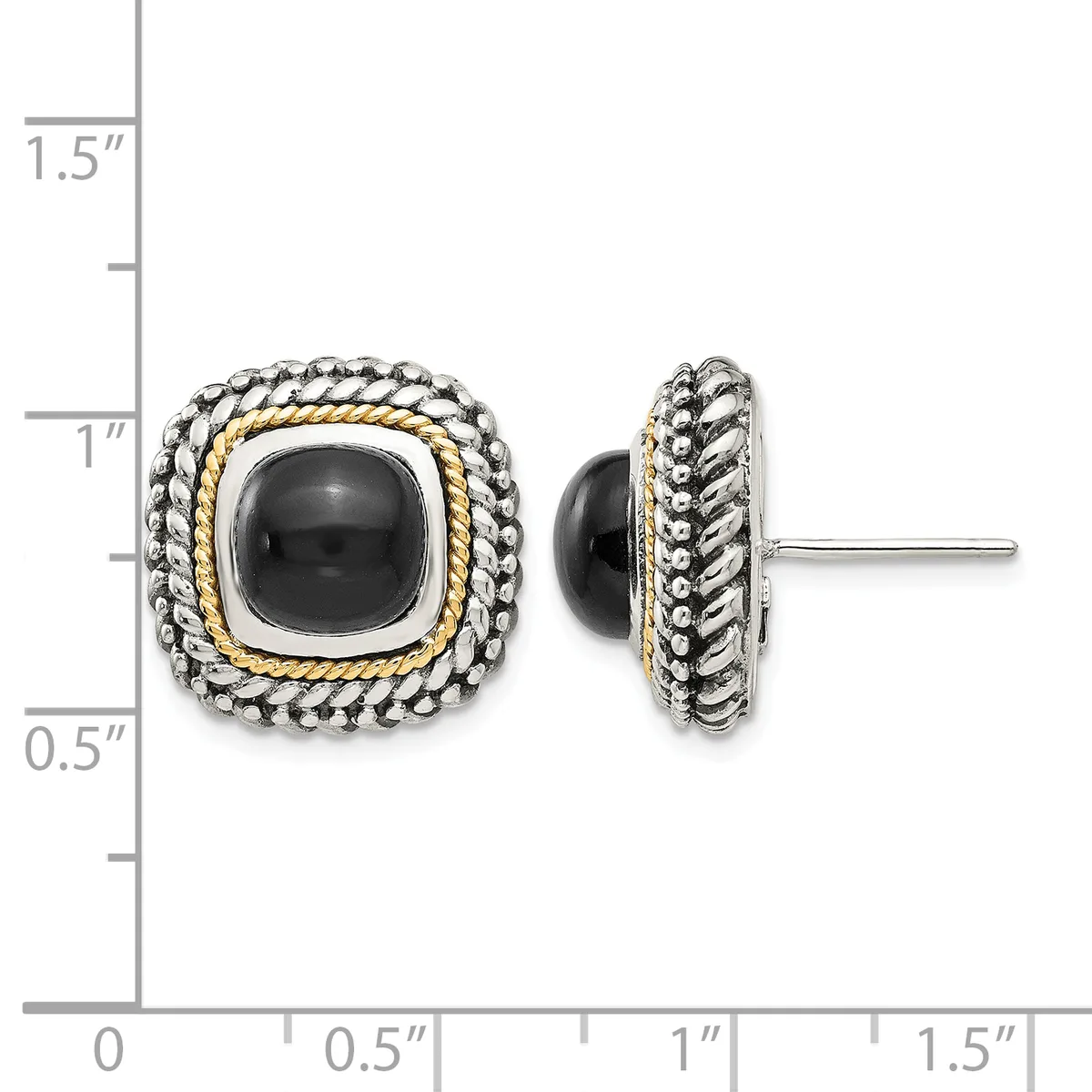Pair of square stud earrings with black onyx centers surrounded by twisted rope and beaded silver and gold-tone frames, shown front and side view with measurement scale.
