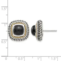 Pair of square stud earrings with black onyx centers surrounded by twisted rope and beaded silver and gold-tone frames, shown front and side view with measurement scale.