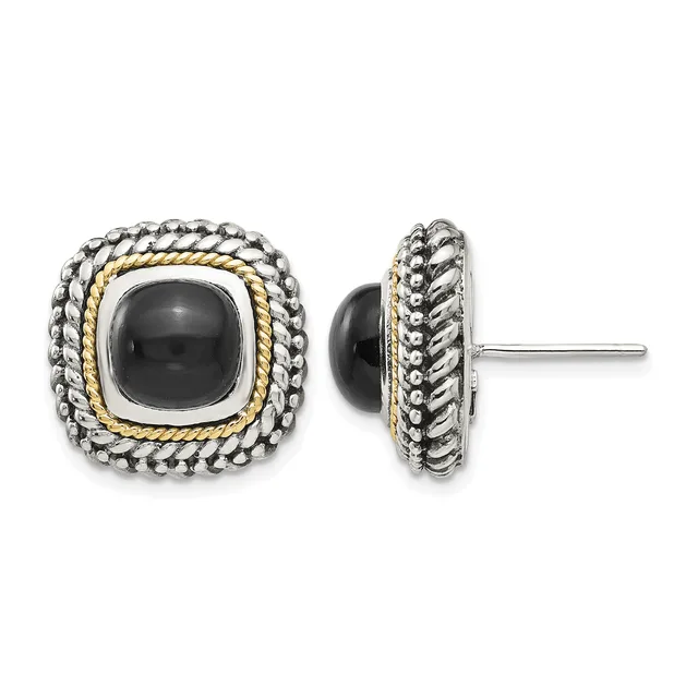 Pair of square stud earrings with black onyx centers surrounded by twisted gold wire and beaded silver borders, shown from front and side views.