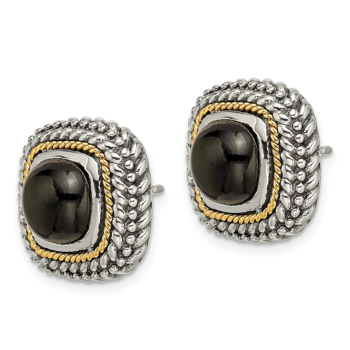 Pair of two-tone silver and gold rectangular earrings with black onyx cabochon centers surrounded by textured metalwork and rope-like trim.