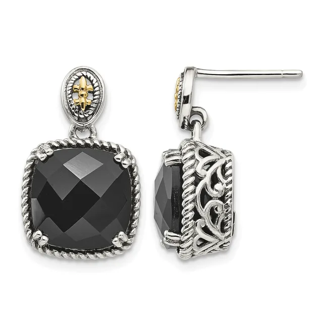A pair of silver drop earrings with oval gold-topped posts, featuring faceted black onyx cushion-shaped stones surrounded by twisted rope detailing and ornate scrollwork.