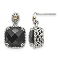 A pair of silver drop earrings with oval gold-topped posts, featuring faceted black onyx cushion-shaped stones surrounded by twisted rope detailing and ornate scrollwork.