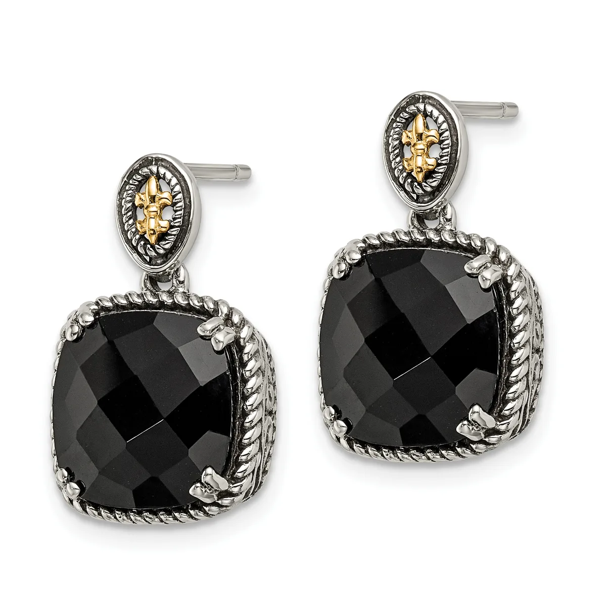 A pair of silver drop earrings with gold accents featuring cushion-cut black onyx stones surrounded by twisted rope detailing and ornamental oval tops.