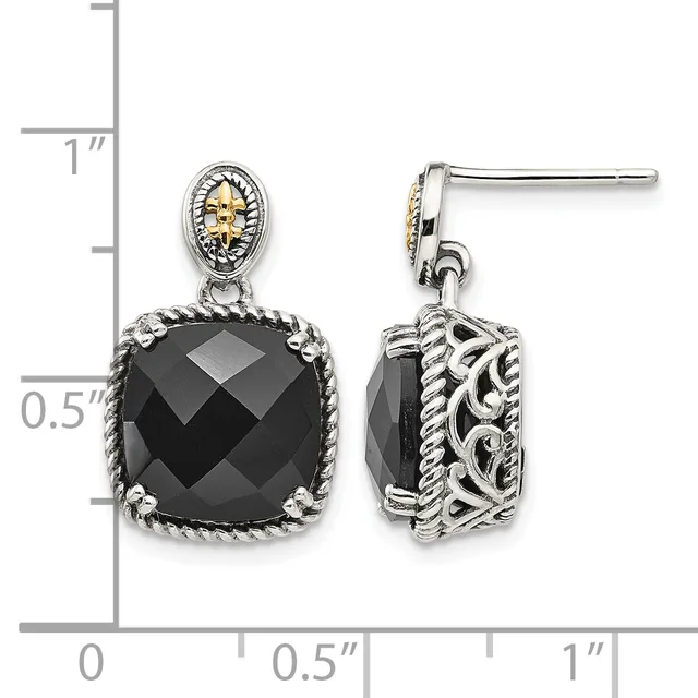 Pair of silver drop earrings with black faceted cushion-cut stones surrounded by twisted rope borders and decorative oval tops with gold accents, shown against a measurement scale.