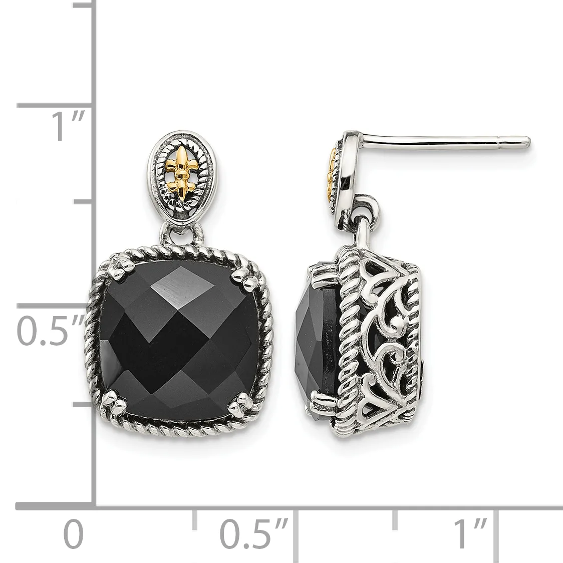 Pair of silver drop earrings with black faceted cushion-cut stones surrounded by twisted rope borders and decorative oval tops with gold accents, shown against a measurement scale.