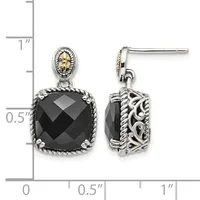 Pair of silver drop earrings with black faceted cushion-cut stones surrounded by twisted rope borders and decorative oval tops with gold accents, shown against a measurement scale.