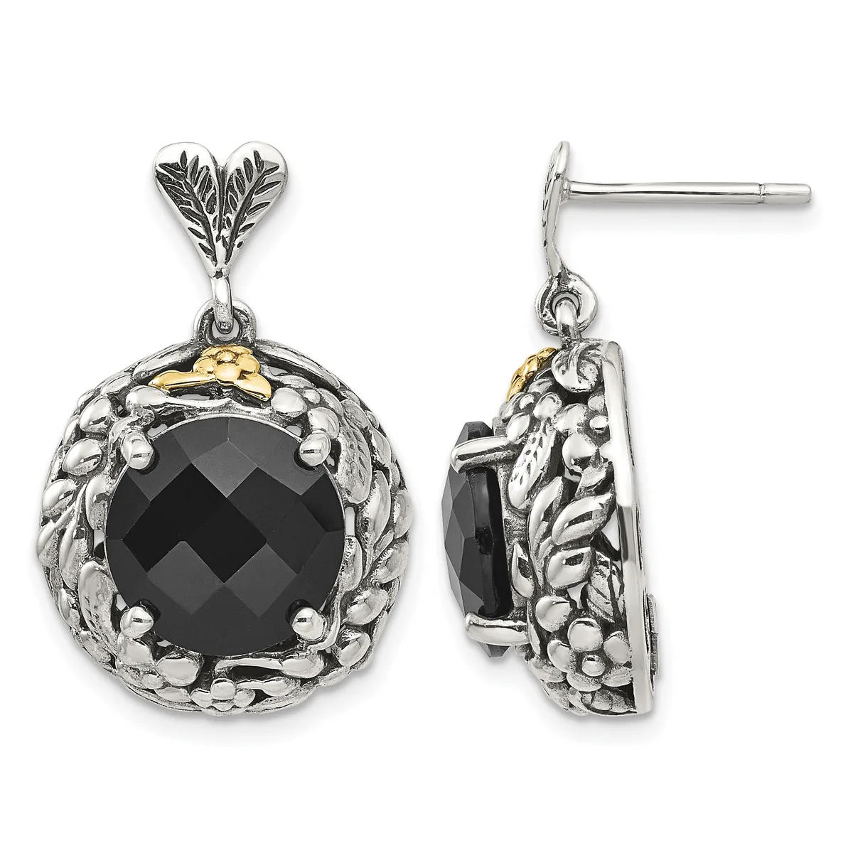 Pair of silver and gold drop earrings featuring black faceted onyx stones surrounded by ornate leaf and beaded metalwork, shown from front and side views.