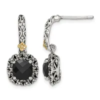 Pair of ornate silver drop earrings with filigree details, gold accents, and faceted black stone pendants surrounded by decorative metalwork.