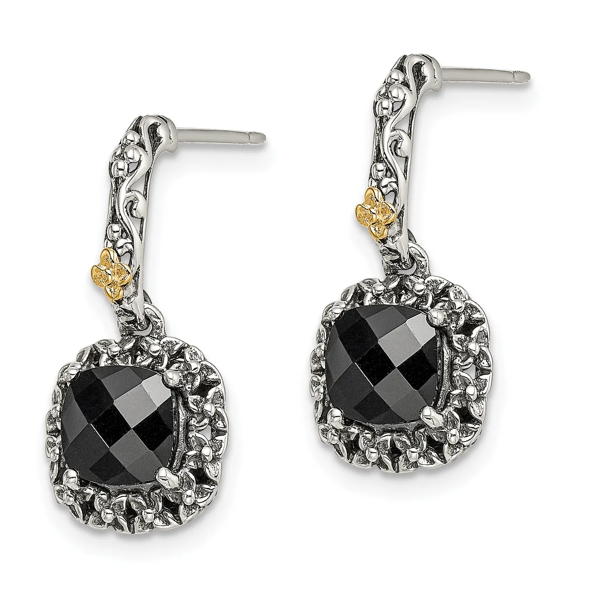 A pair of silver drop earrings with ornate filigree posts featuring gold accents, each suspending a faceted black onyx stone surrounded by textured metalwork.