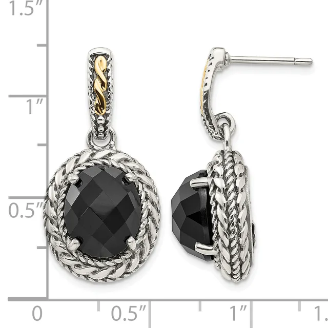 Pair of two-tone silver and gold dangle earrings with faceted black onyx stones surrounded by twisted rope metalwork, shown from front and side views with measurement scale.