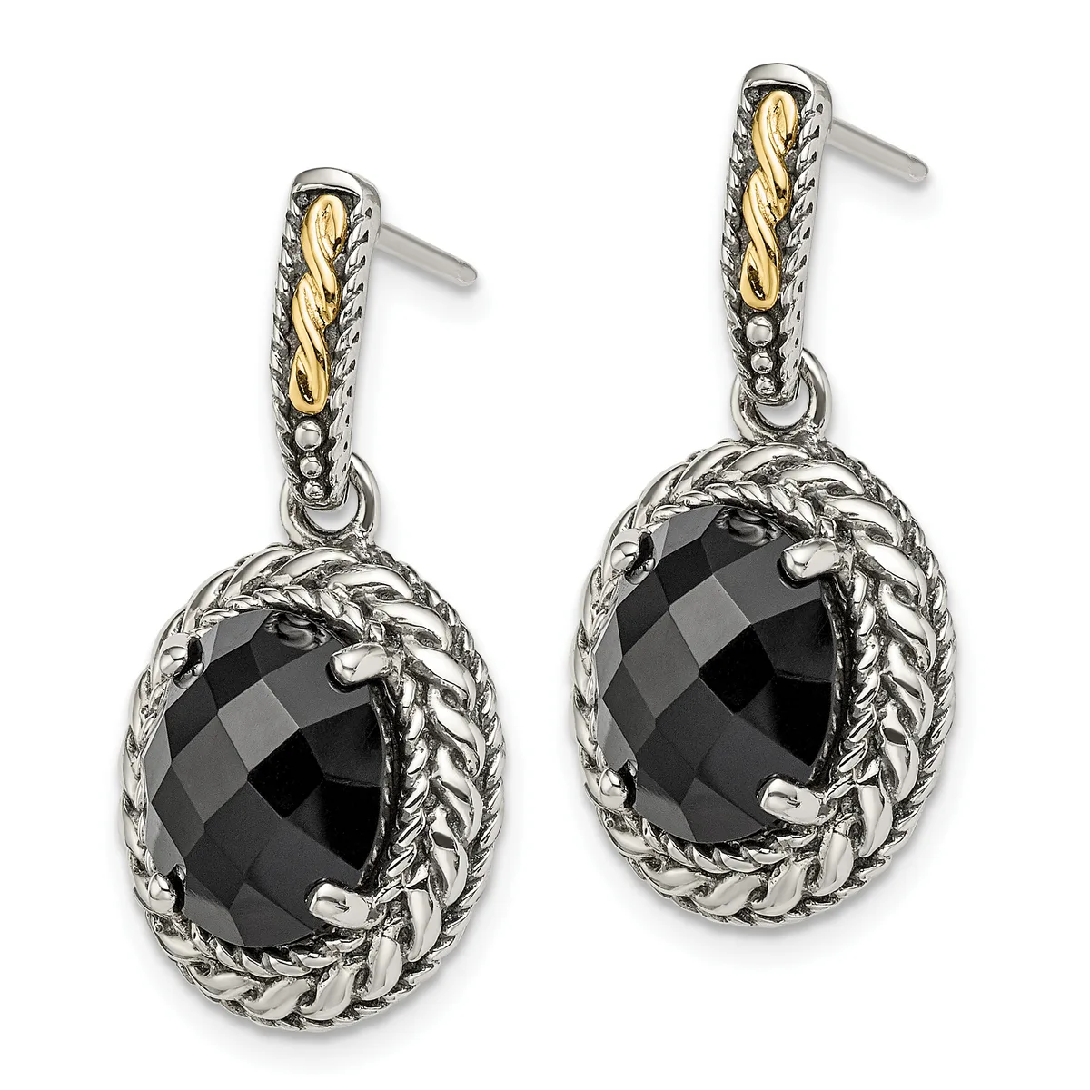 Pair of silver and gold two-tone drop earrings with faceted black oval stones surrounded by twisted rope detailing and small hallmarks.