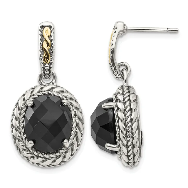 Pair of silver drop earrings with rope-textured oval frames surrounding faceted black onyx stones, shown from front and side views.