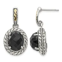 Pair of silver drop earrings with rope-textured oval frames surrounding faceted black onyx stones, shown from front and side views.