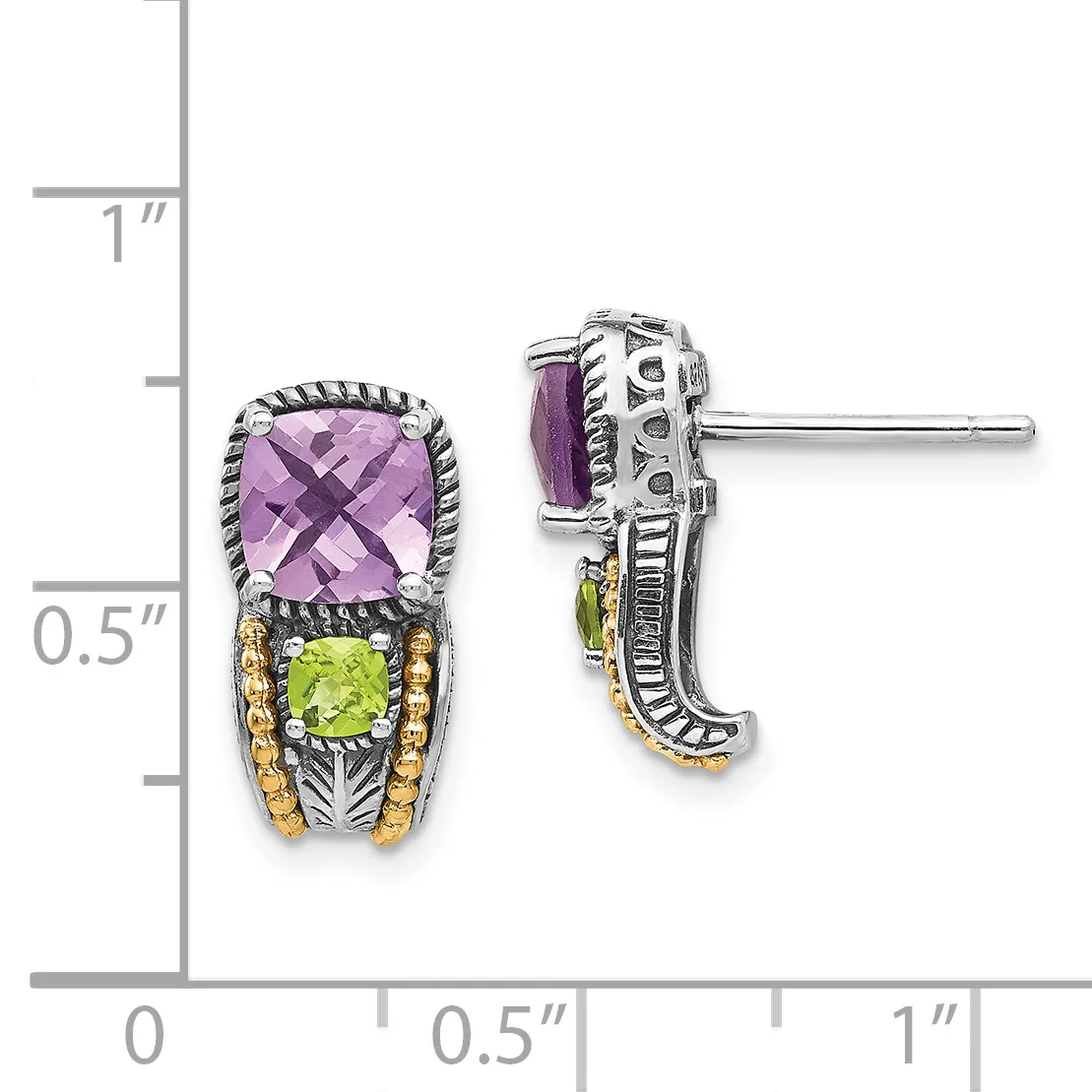 Two-tone silver and gold stud earrings featuring a cushion-cut purple amethyst stone above a smaller round peridot stone, with decorative beaded borders, displayed against a measurement scale.