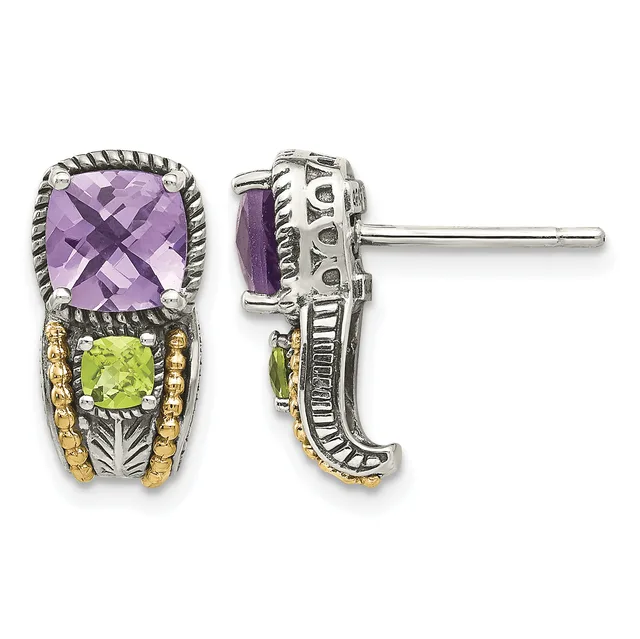 A pair of silver stud earrings featuring a cushion-cut purple amethyst stone on top and a smaller square-cut green peridot stone below, with twisted rope detailing and gold-tone bead accents on the sides, shown from front and back views.