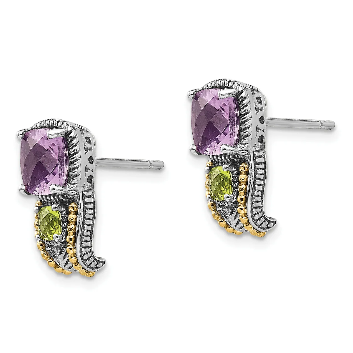 A pair of two-tone earrings featuring cushion-cut amethyst stones on top and round peridot stones below, with twisted silver bands and gold accents, displayed side by side.