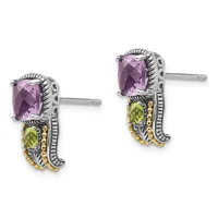A pair of two-tone earrings featuring cushion-cut amethyst stones on top and round peridot stones below, with twisted silver bands and gold accents, displayed side by side.