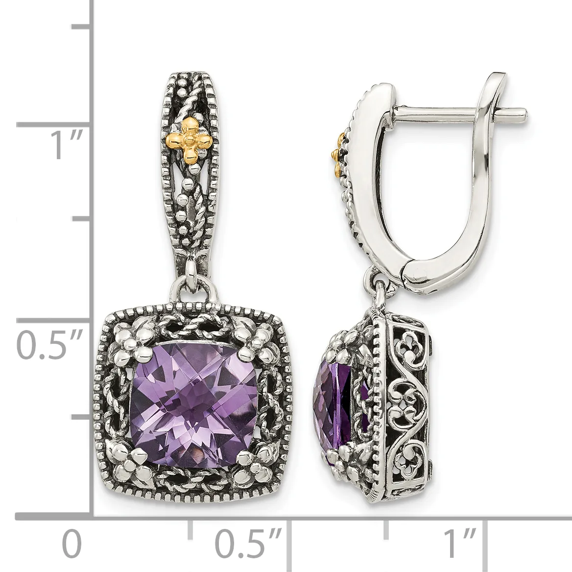 Pair of ornate silver and gold earrings with cushion-cut amethyst stones surrounded by decorative beaded frames, shown front and side views against a measurement scale.