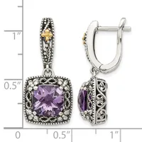 Pair of ornate silver and gold earrings with cushion-cut amethyst stones surrounded by decorative beaded frames, shown front and side views against a measurement scale.