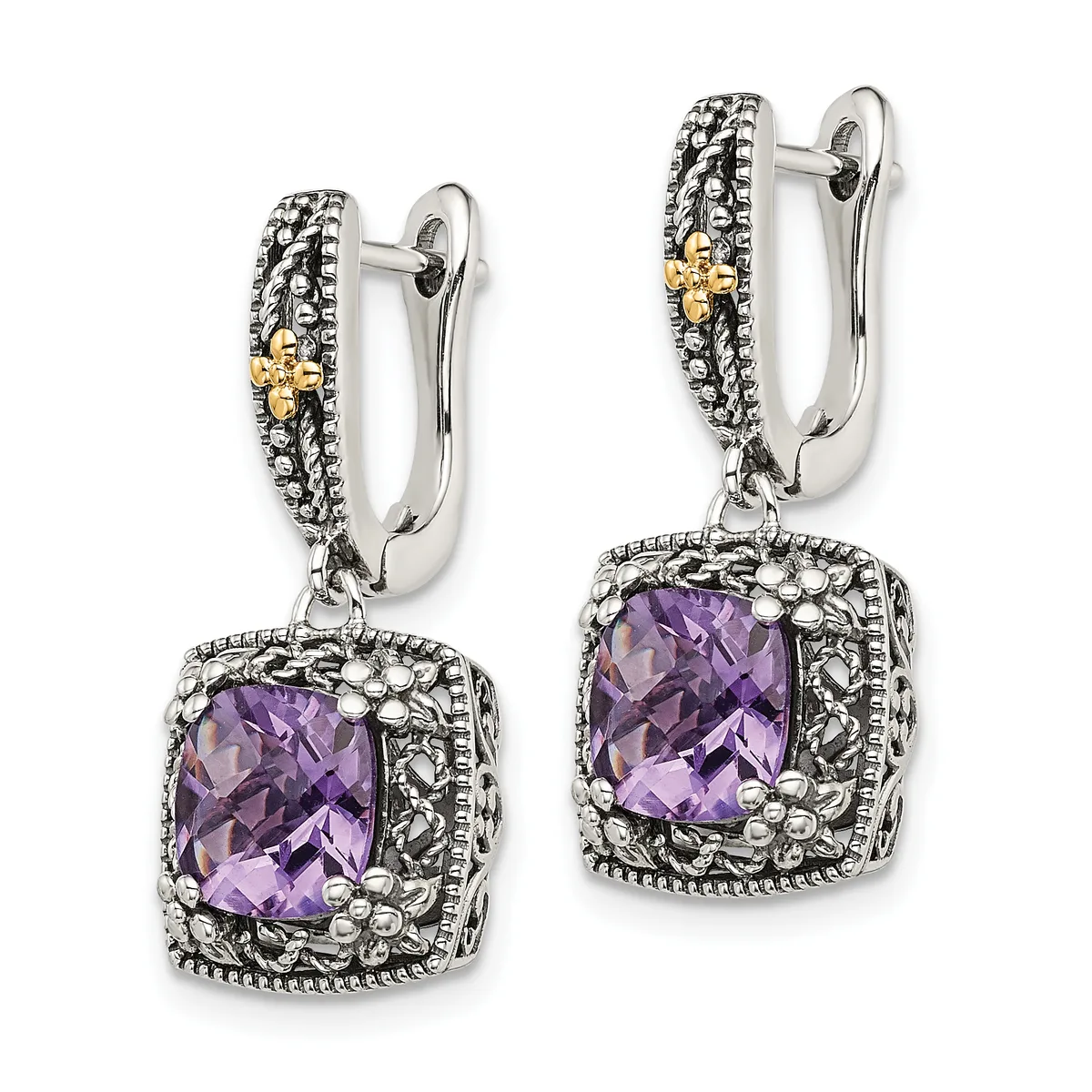 Pair of silver and gold two-tone drop earrings with faceted purple amethyst cushion stones surrounded by decorative filigree and beaded borders.