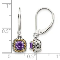 Pair of silver and gold-tone lever-back earrings with square purple amethyst stones surrounded by twisted metal bezels, shown next to a ruler measuring approximately one inch in length.