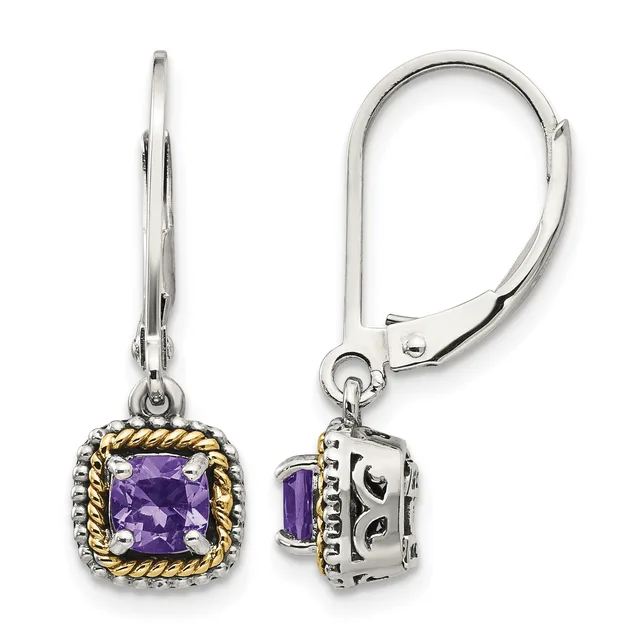 Pair of silver leverback earrings with square-cut purple amethyst stones set in decorative frames with gold-tone twisted rope borders, shown from front and side views.