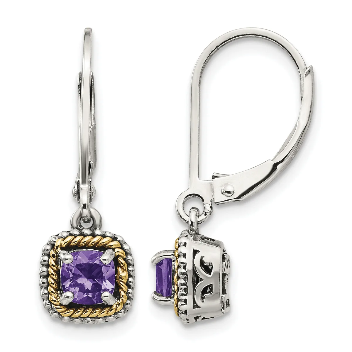 Pair of silver leverback earrings with square-cut purple amethyst stones set in decorative frames with gold-tone twisted rope borders, shown from front and side views.
