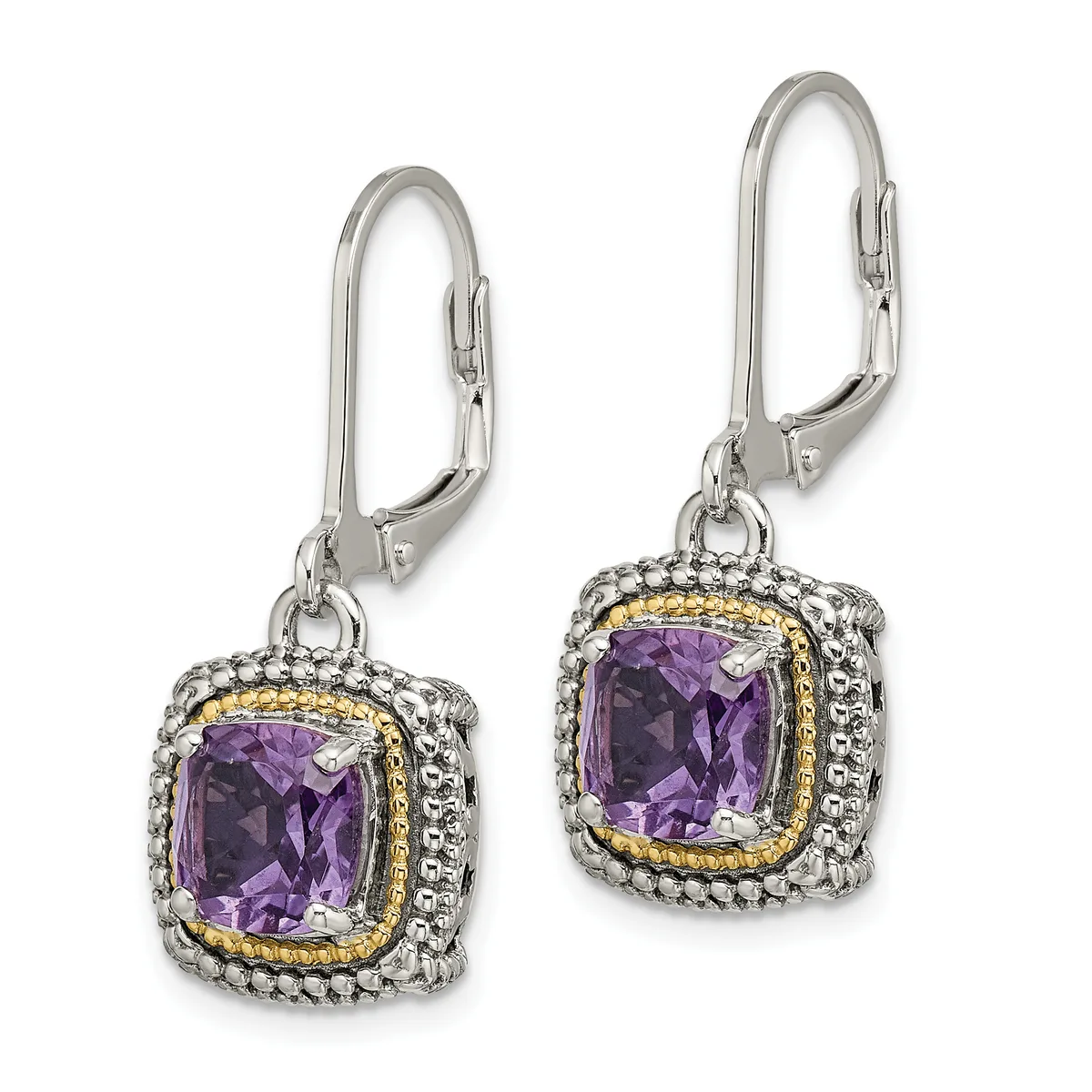 Pair of silver and gold two-tone dangle earrings with cushion-cut purple amethyst stones surrounded by decorative beaded borders.