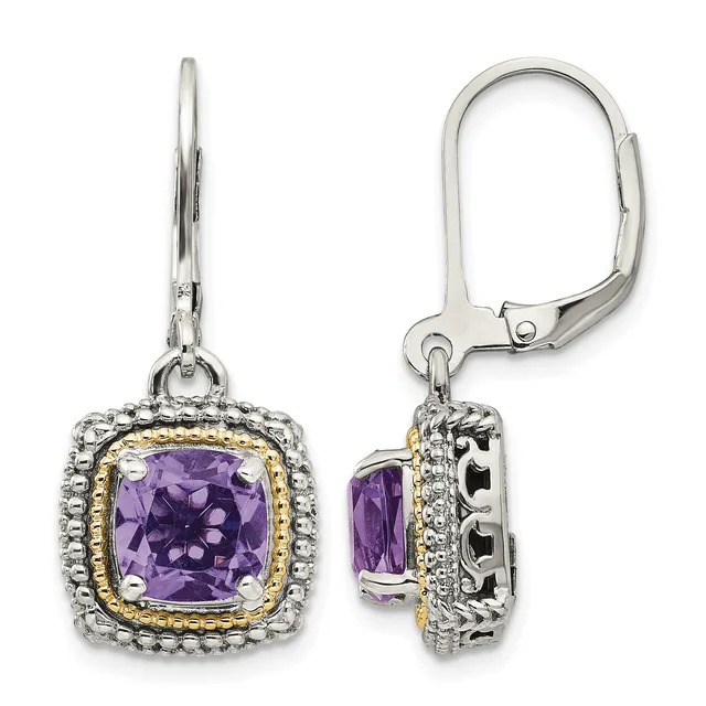 Pair of silver and gold-toned leverback earrings with cushion-cut amethyst stones surrounded by diamond halos, shown from front and side views.
