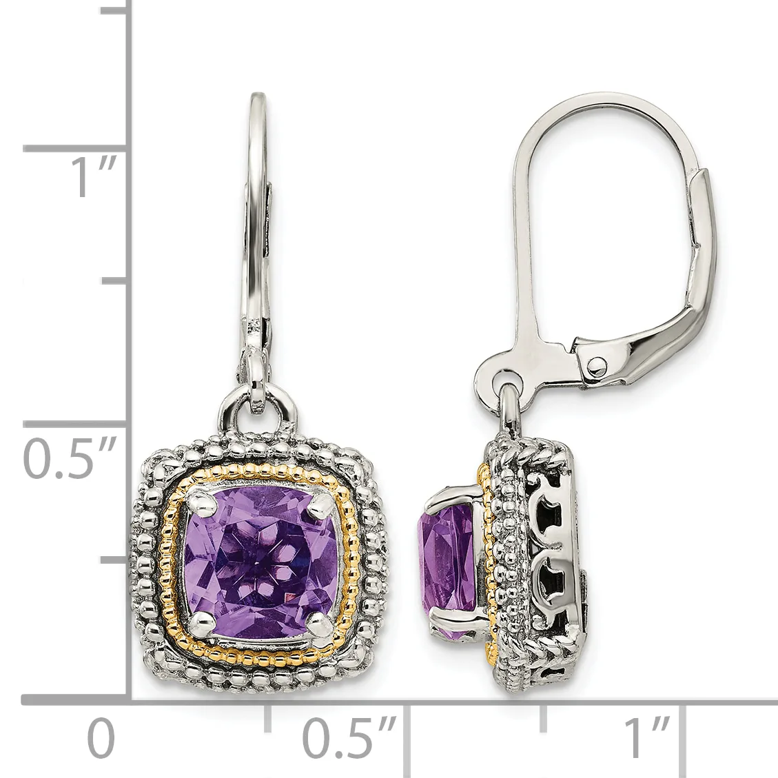 A pair of silver and gold-toned leverback earrings featuring cushion-cut purple amethyst stones surrounded by decorative beaded and twisted metal borders, shown from front and side views with a measurement scale.